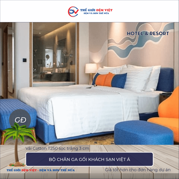 Bộ chăn ga gối khách sạn Việt Á vải Cotton T250 sọc trắng 3cm 8